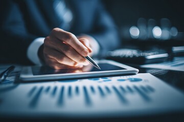 Fototapeta premium Businessman analyzing financial data on a digital tablet with charts and graphs on the desk.