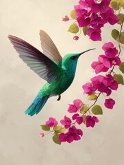 Fototapeta premium Green hummingbird hovering beside bright pink flowers on a soft neutral background, captured in a delicate, painterly style.