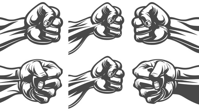 A grayscale illustration of six clenched fists with varying angles, all facing the viewer