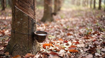 Fototapeta premium Rubber tree tapping in a plantation with a collection cup attached to the trunk to harvest natural latex sap