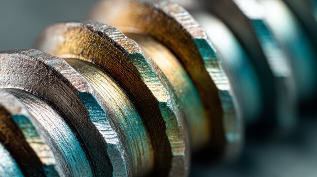 Close-up view of rusted metal screw thread creating industrial texture, showing detailed hardware components, engineering design, and mechanical structure