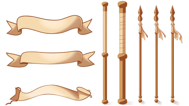 Decorative drawing includes ribbons, poles, and spears, all in a cartoon style with brown outlines