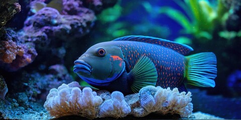 Obraz premium Bright blue fish rests upon coral. Vivid colors, underwater scene, marine life, peaceful environment. Beautiful details visible.