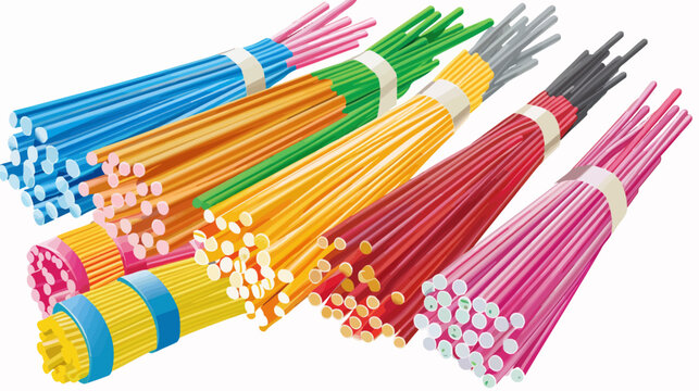 Bundles of colorful sticks are neatly tied with bands in rows on a white background