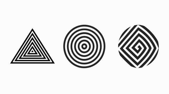 Graphic with geometric shapes Triangle, circle, spiral square in black on white