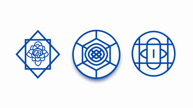 Three blue geometric designs, each enclosed in unique shapes, on white backdrop