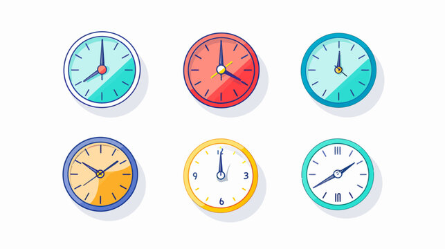 Six colorful analog clocks showing different times of day, against a white background