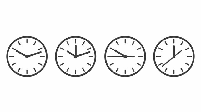 Four simple, line-art circular clocks with hands indicating different times, isolated