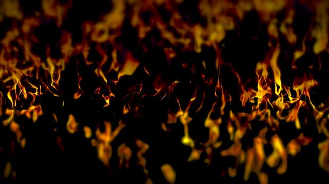 Fire curtain flowing flame wall full frame horizontal blaze inferno overlay loop black background 4K