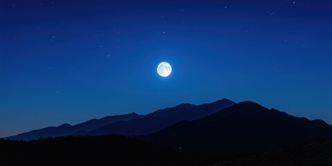 Fototapeta premium Night landscape features full moon, dark mountains, starry sky. Peaceful scene evokes calm, quiet beauty.