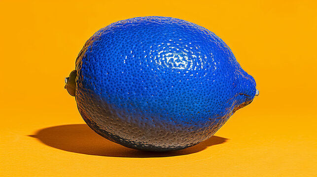 Blue lemon on orange background, pop art fruit, creative concept.