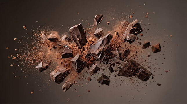 Fragmentos de chocolate em explos&atilde;o com part&iacute;culas e p&oacute; sobre fundo escuro
