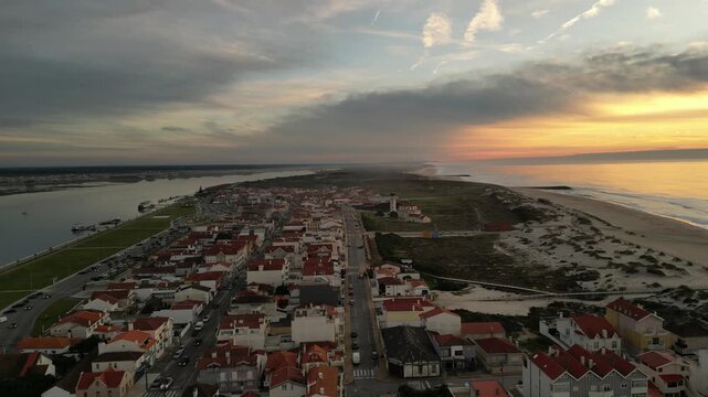 Aerial View of Aveiro Coastline Marina and Beach at Sunset, Portugal