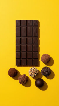 Barra de chocolate e trufas variadas em fundo amarelo vibrante