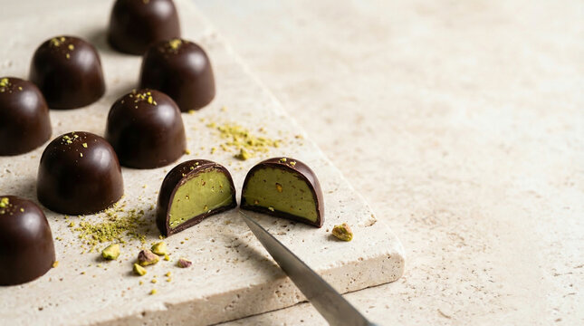Bombons de chocolate com recheio de pistache em fundo claro minimalista