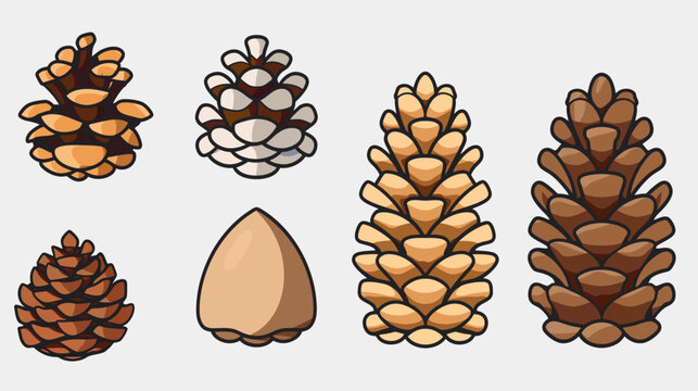 Stylized cartoon illustration of pine cones and an acorn on a light gray background