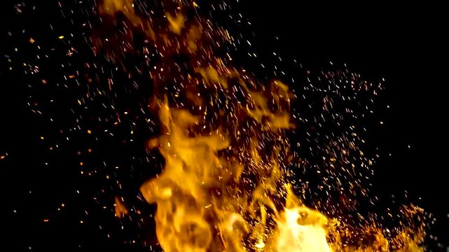 Realistic fire flames flying ember sparks orange yellow bonfire overlay loop black background 4K