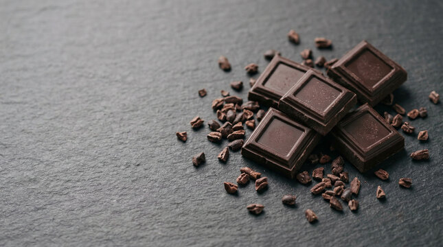 Quadrados de chocolate amargo com nibs de cacau sobre fundo escuro