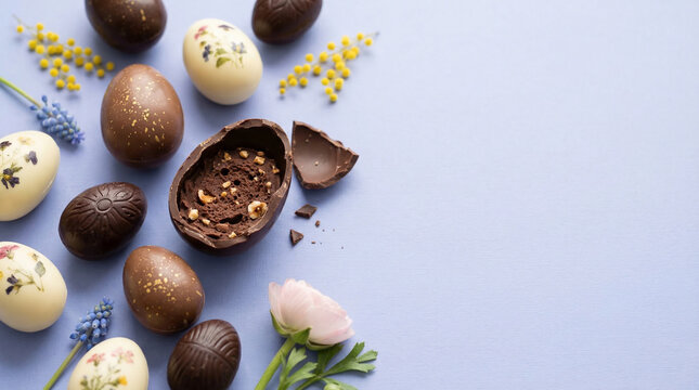 Ovos de chocolate de P&aacute;scoa artesanais com flores em fundo azul