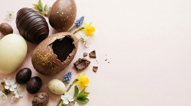 Ovos de chocolate de P&aacute;scoa com flores em fundo rosa claro