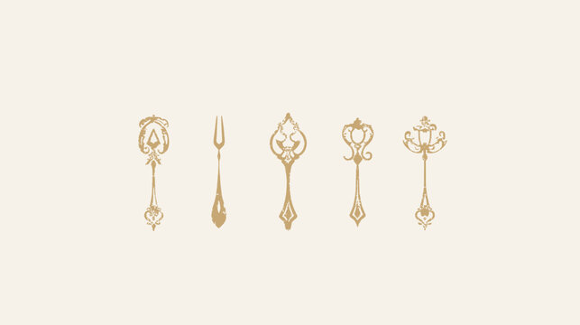 Five detailed, ornate, old-fashioned, stylized fork silhouettes in a uniform line