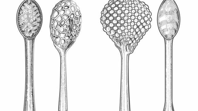 Engraved artwork showing four ornate, decorative spoons with varying bowl designs