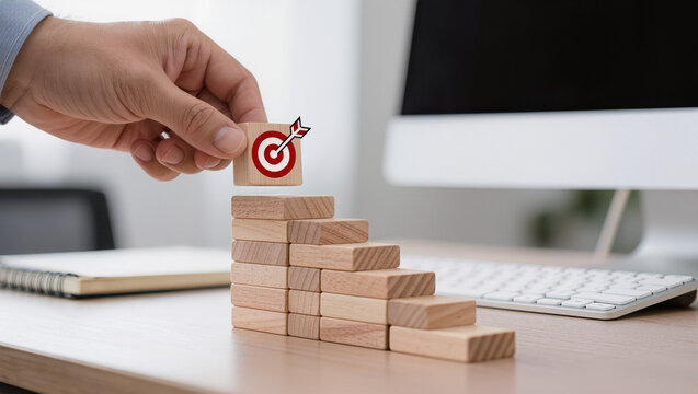 Business Hand Achieving Target Success on Wooden Blocks Staircase