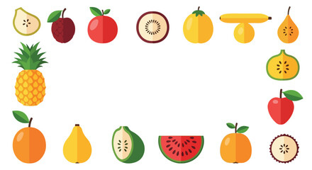 Obraz premium A vibrant collection of various whole and sliced fruits, including pineapple, apples, pears, kiwi, and watermelon, arranged as a decorative border around a central white space.