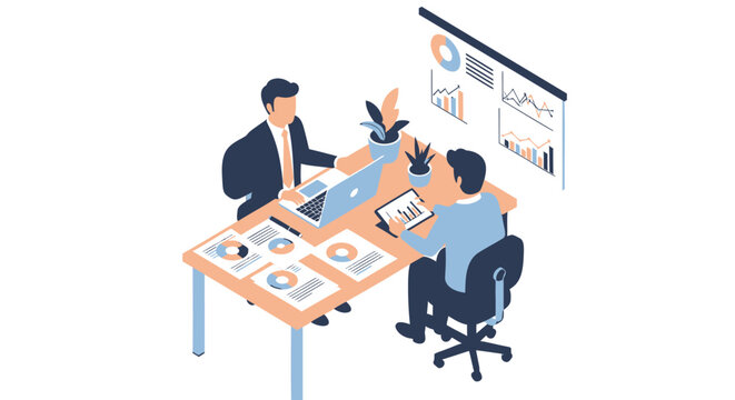 Vector illustration of two businessmen discussing data at a desk