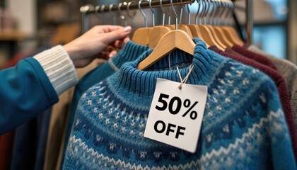 Obraz premium Customer checks patterned knit sweater with 50 percent off tag on hanger. Retail store display shows discounted winter clothing for sale. Seasonal fashion bargain offer.