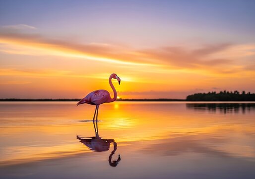 Flamingo at Sunset - A Serene Reflection in Celestun, Mexico.