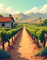 Naklejka premium Vineyard landscape with rows of grapevines leading to mountains. A small house sits near the field under a clear sky with clouds. The path is dusty and arid.