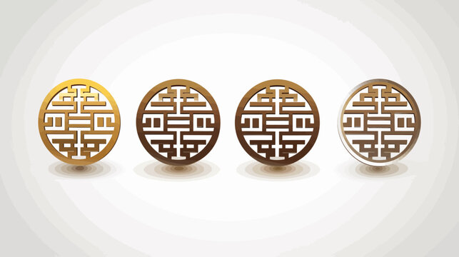 Four round Chinese double happiness symbols in gold, brown, bronze, and silver tones