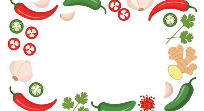 This vibrant vector illustration features a border of various cooking ingredients like red and green chilies, garlic, ginger, and cilantro around a central white copy space.