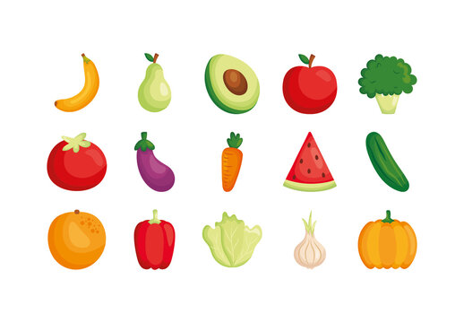 Fresh Fruits and Vegetables Illustration Set