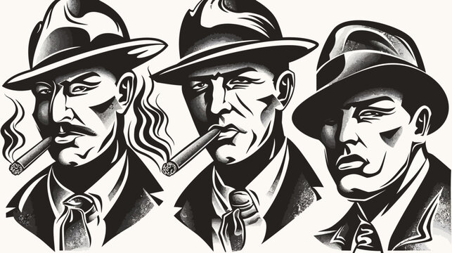 Three vintage-style monochrome men in suits and hats smoking cigars, vector artwork