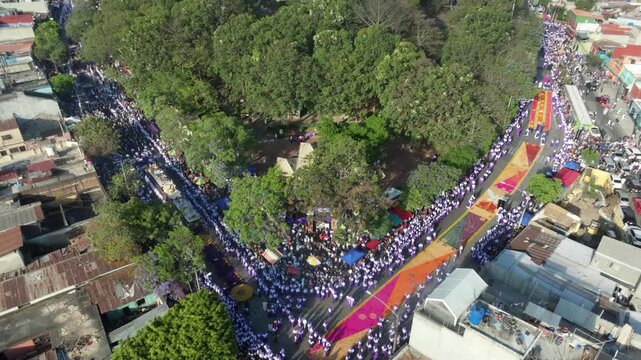 Aerial View of Holy Week Procession in Guatemala &ndash; Colorful Sawdust Carpets and Catholic Religious Crowd