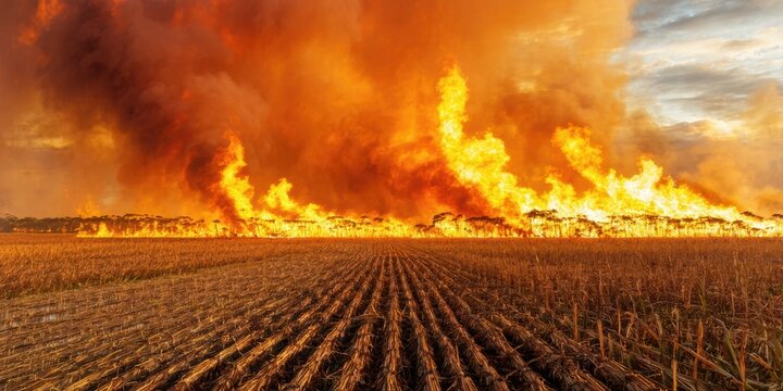 Vast field consumed by intense flames. Smoke billows, creating dramatic sky. Destruction dominates landscape, showcasing power nature.