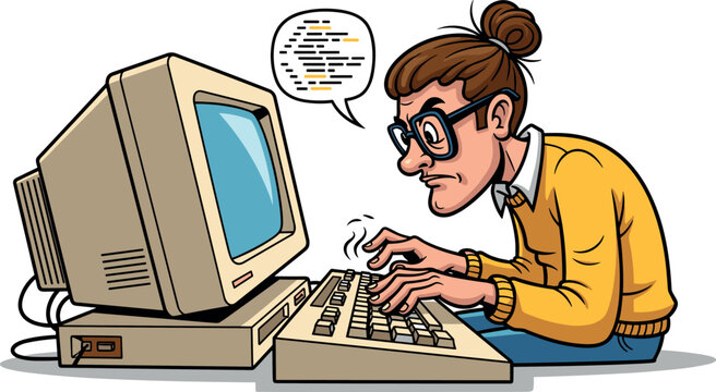 A cartoon woman typing on a vintage computer on transparent background