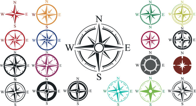 A collection of various colored compasses on transparent background