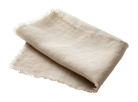 Light beige natural linen fabric napkin, folded with frayed edges, isolated on transparent background, rustic textile for dining and home decor PNG