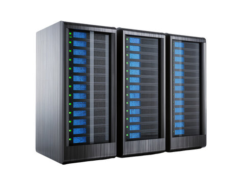 Three modern data server racks with blue screens and green lights, isolated on a background, representing data center and network infrastructure