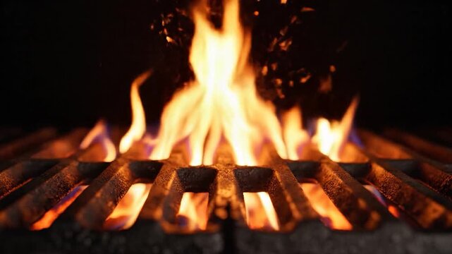 Hot flames burning on a metal grill grate in the dark