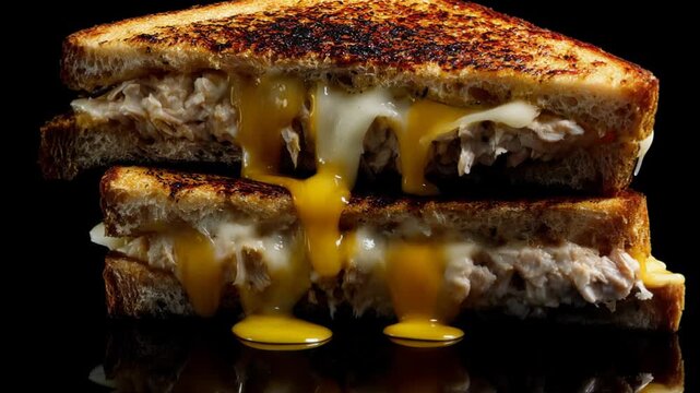 Deliciously gooey grilled cheese sandwich with shredded chicken filling, oozing cheese