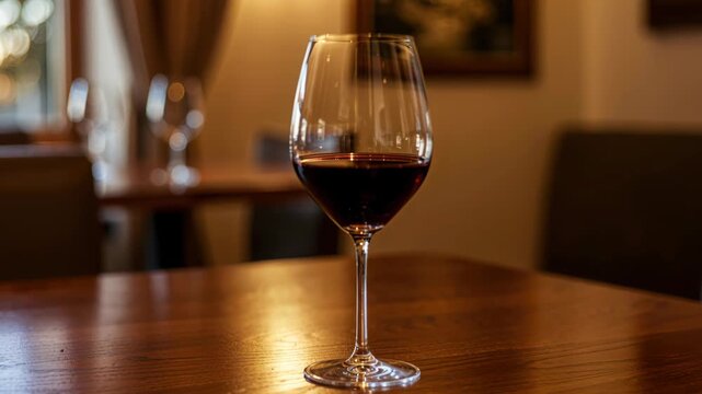 Red Wine Elegance: A stemmed glass of rich red wine sits elegantly on a polished wooden table, the dim ambiance of the room hints at an intimate gathering or a moment of quiet indulgence.