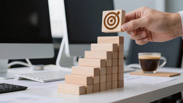 Hand Placing Block with Target Icon on Wooden Staircase in Office Setting