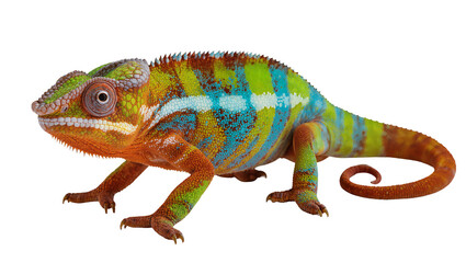 Obraz premium Vibrant Panther Chameleon with striking green, blue, orange, and yellow scales, a colorful reptile isolated on transparent background, exotic pet PNG