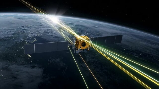 Satellite in Orbit Emitting Light Beams Over Earth