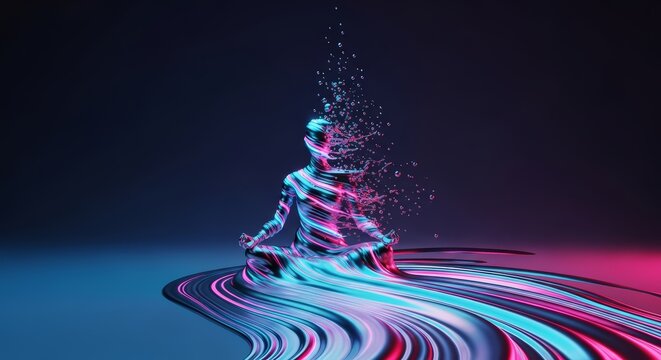 Abstract neon person in meditation pose with water bubbles. Digital art concept of peaceful mind, wellness, and self-care. Balance and spiritual health.
