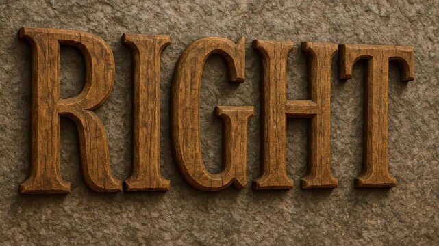 'Right' Wood Text: A close-up shot of the word 'RIGHT' elegantly carved from rich, warm wood, resting on a textured surface, evoking a sense of clarity and conviction.